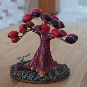 Decorative Red and Black Beaded Tree Sculpture 3"